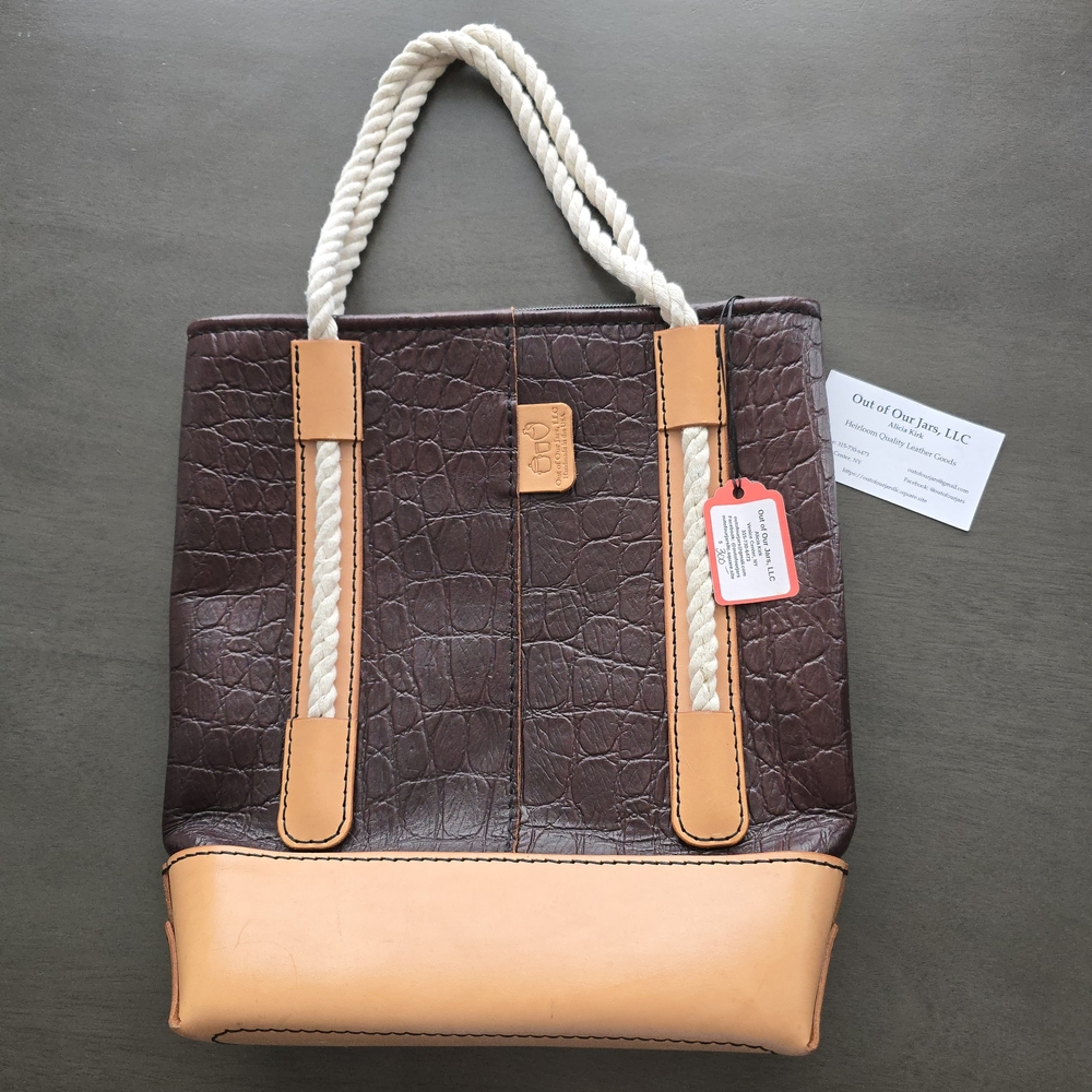 Artisan Brown Handmade Leather Tote/Purse Rope Handle Croc Embossed Tan USA Made
